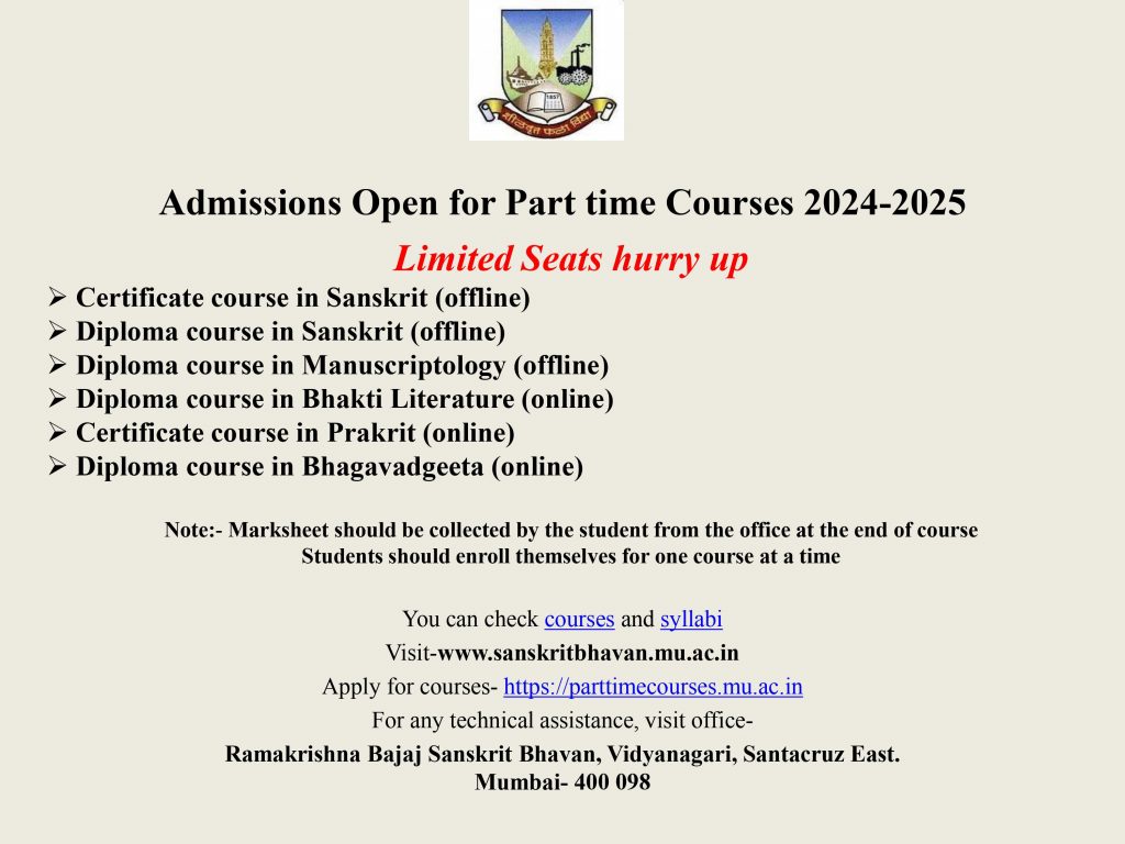 Admissions Open for Part time Courses-2024-2025